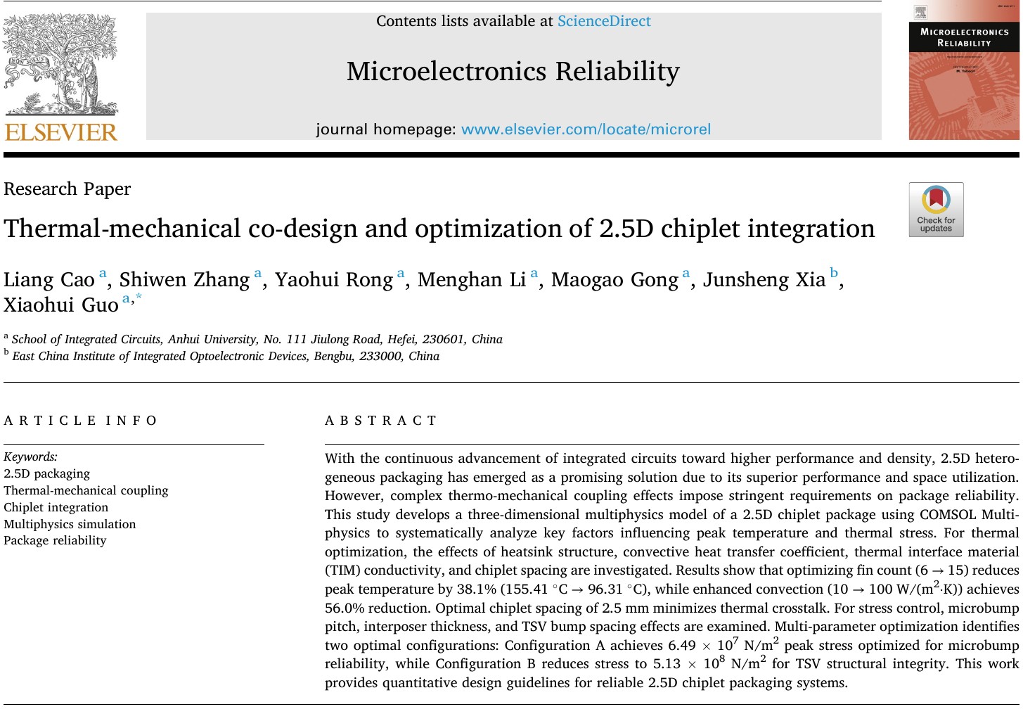 논문 첫 페이지. L. Cao et al., Thermal-mechanical co-design and optimization of 2.5D chiplet integration, Microelectronics Reliability 182 (2026) 116156. doi.org/10.1016/j.microrel.2026.116156