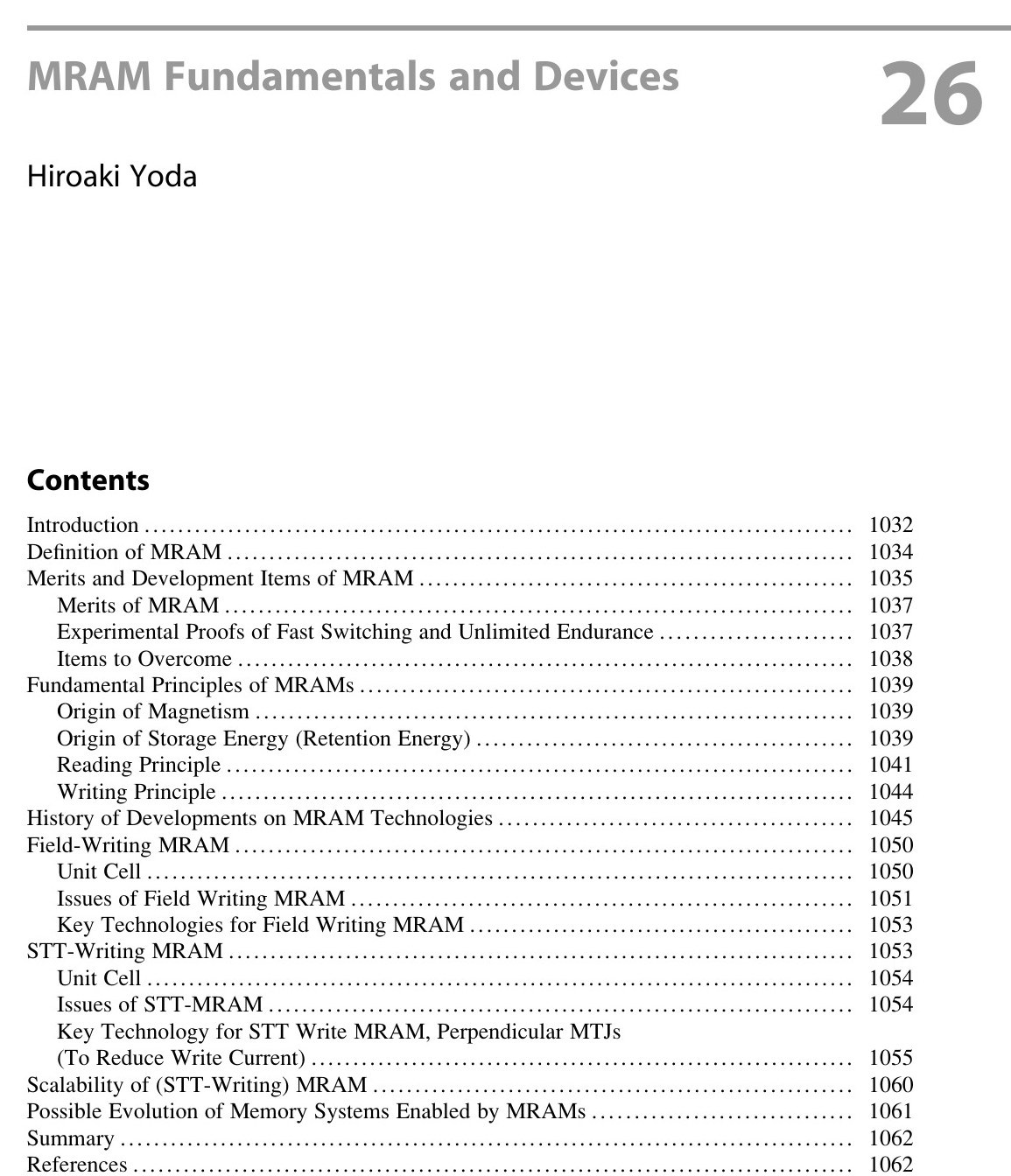 Handbook of Spintronics 26장 첫 페이지와 목차. H. Yoda, MRAM Fundamentals and Devices, in Y. Xu, D. D. Awschalom, J. Nitta (eds.), Handbook of Spintronics, Springer (2016). doi.org/10.1007/978-94-007-6892-5_39