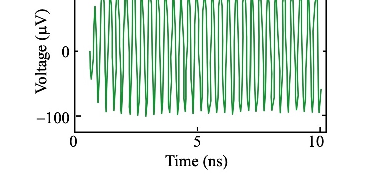 Fig. 3. 정상 상태 세차 운동이 만들어내는 전압 진동. 8.4 mA의 전류 계단을 가한 나노필라 소자에서 측정한 것으로, 가로축이 나노초 단위 시간이다. 10 ns 동안 수십 번 진동하므로 수 GHz에 해당한다. 측정 온도는 40 K.