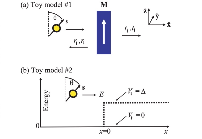 Fig. 5. 본문에서 다루는 두 장난감 모델. (a) 모델 1: z 방향 자화(M)를 가진 얇은 자성층에, z축에서 θ만큼 기울어진 스핀(s)을 가진 전자가 x 방향으로 입사한다. 자성층은 스핀에 따라 다른 투과 진폭(t↑, t↓)과 반사 진폭(r↑, r↓)을 갖는다. (b) 모델 2: 자성층 내부를 계단 모양 전위로 모형화한다. ↑ 전자에게는 계단이 없고(V↑ = 0), ↓ 전자에게는 교환 갈라짐 Δ 만큼의 계단이 있다.