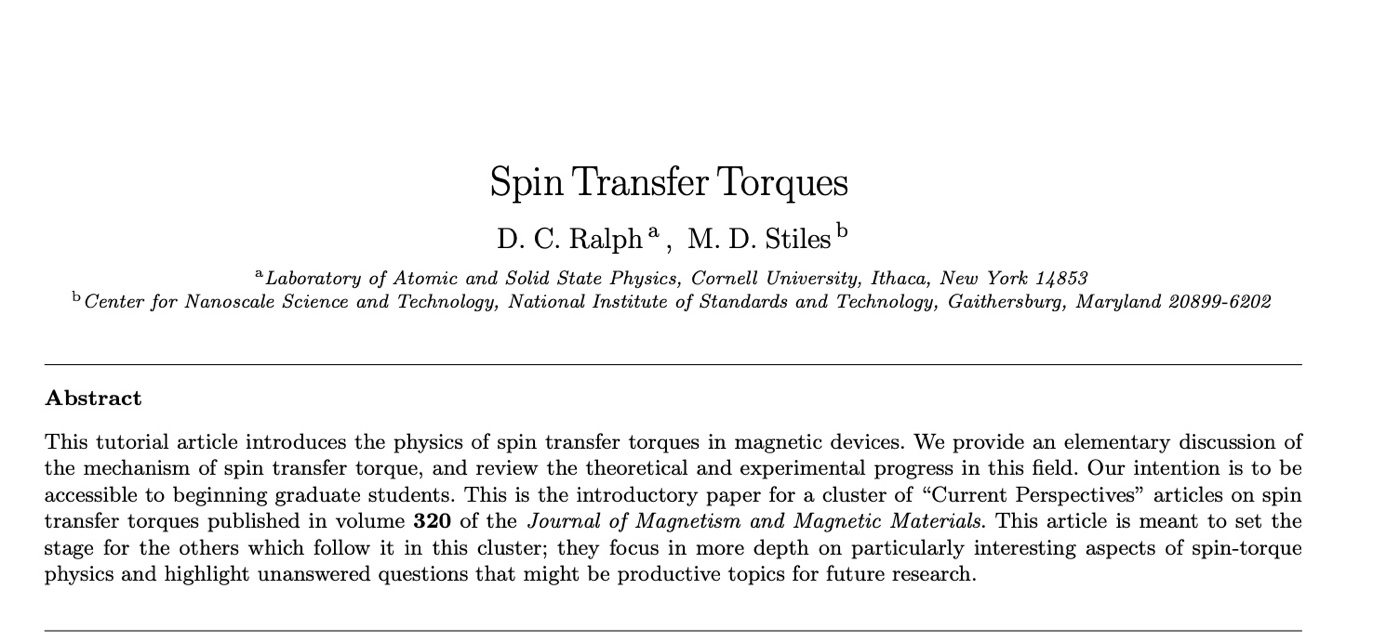 논문 첫 페이지. D. C. Ralph and M. D. Stiles, Spin Transfer Torques, Journal of Magnetism and Magnetic Materials 320 (2008). 이 글에서 인용한 판본은 저자들이 오류를 수정해 공개한 개정판이다.