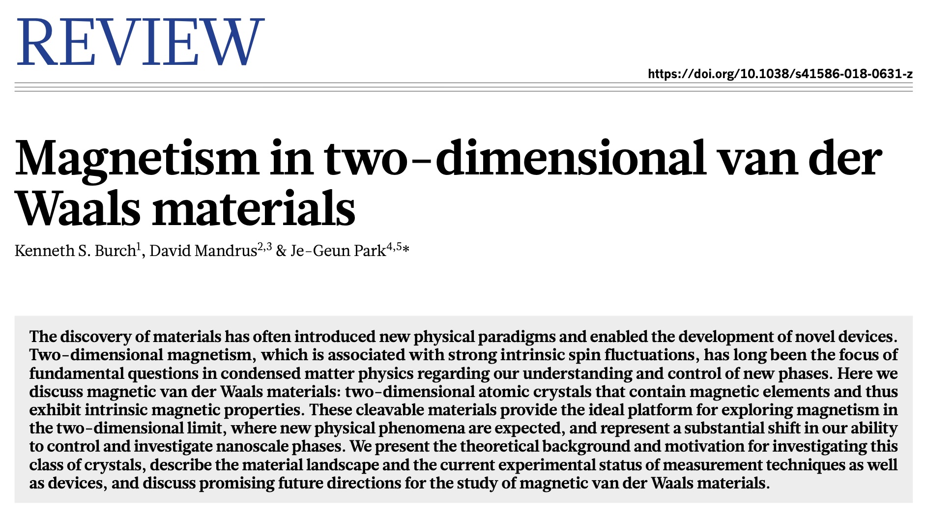 리뷰 논문 첫 페이지. Magnetism in two-dimensional van der Waals materials, Nature 563, 47–52 (2018). doi.org/10.1038/s41586-018-0631-z