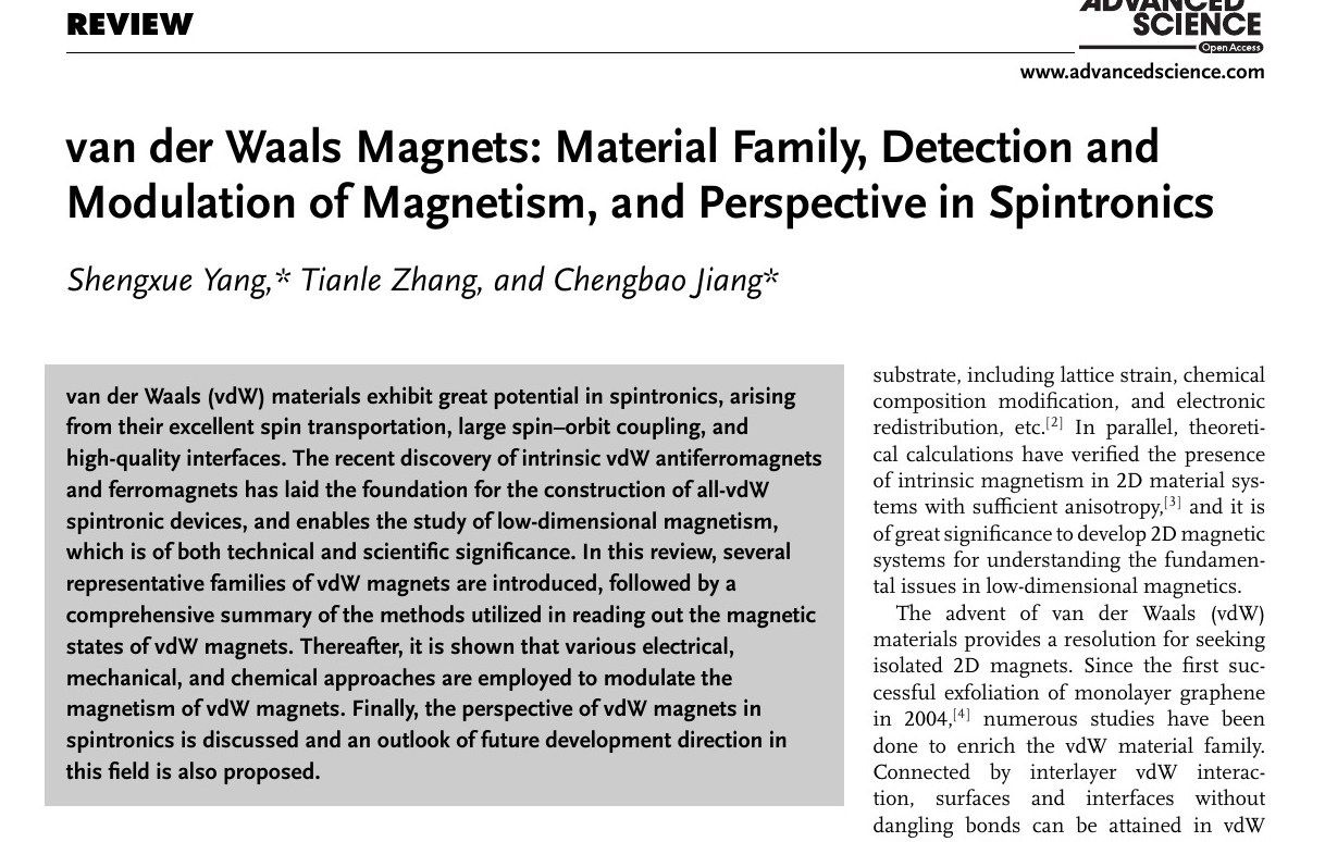리뷰 논문 첫 페이지. van der Waals Magnets: Material Family, Detection and Modulation of Magnetism, and Perspective in Spintronics, Advanced Science 8, 2002488 (2021). doi.org/10.1002/advs.202002488